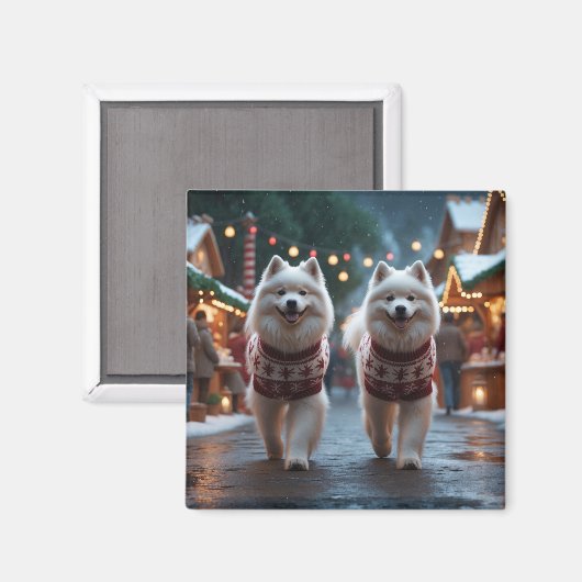 Aimant Chiens Samoyède Noël Neige Fêtes (Recto/Verso)