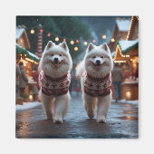 Aimant Chiens Samoyède Noël Neige Fêtes (Devant)