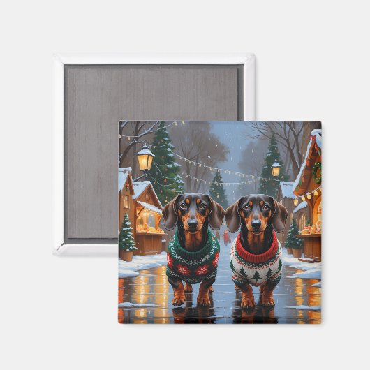 Aimant Chiens Teckel Noël Neige Fêtes (Recto/Verso)