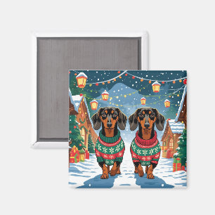 Aimant Chiens teckel Noël Neige Fêtes