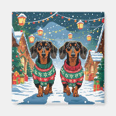 Aimant Chiens teckel Noël Neige Fêtes (Devant)