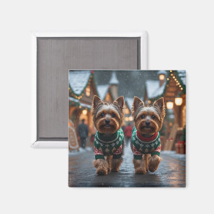 Aimant Chiens Yorkshire Terrier Noël Neige Fêtes 