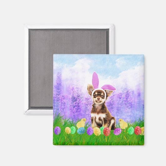 Aimant Chihuahua Chien avec oeufs de Pâques Poussins lapi (Recto/Verso)