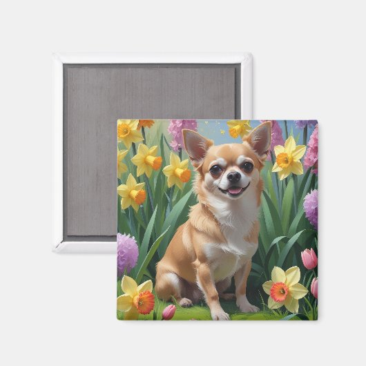 Aimant Chihuahua Fleurs de printemps Chien Peinture (Recto/Verso)