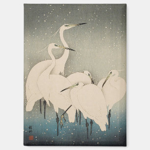 Aimant Chinoiserie Aigrette Blanche Motif Neige D'Hiver