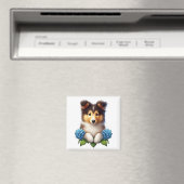 Aimant Chiot adorable avec des fleurs bleues (In Situ (Lave-vaisselle))