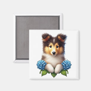 Aimant Chiot adorable avec Fleurs Bleues