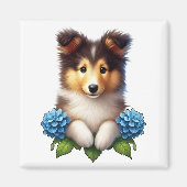 Aimant Chiot adorable avec Fleurs Bleues (Devant)