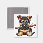 Aimant Chiot berger allemand tenant un bâton dans sa bouc (Recto/Verso)