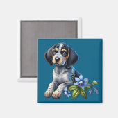 Aimant Chiot bleu Tick Hound avec Fleurs Bleues Delicate (Recto/Verso)