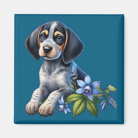 Aimant Chiot bleu Tick Hound avec Fleurs Bleues Delicate (Devant)