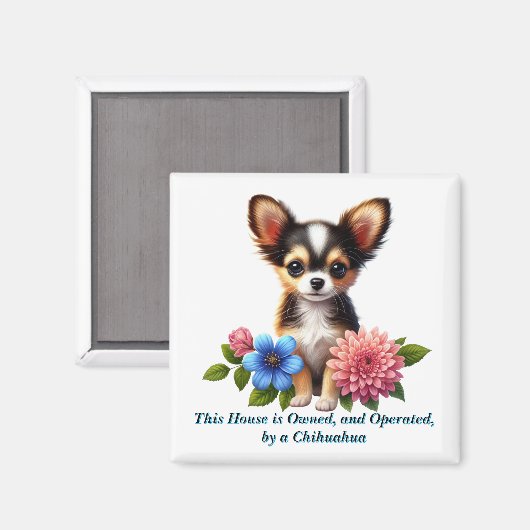 Aimant Chiot Chihuahua avec Fleurs Décoratives (Recto/Verso)