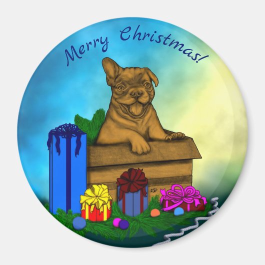 Aimant Chiot dans une boîte, Joyeux Noël (Devant)