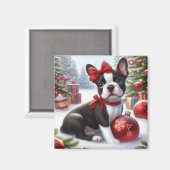 Aimant Chiot de Boston Terrier avec ornements de Noël (Recto/Verso)