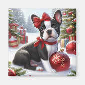 Aimant Chiot de Boston Terrier avec ornements de Noël (Devant)