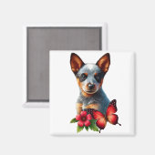 Aimant Chiot de Heeler mignon avec Papillon et Fleur (Recto/Verso)