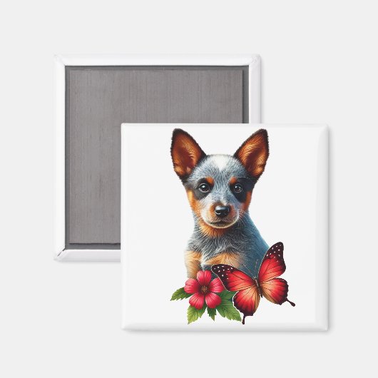 Aimant Chiot de Heeler mignon avec Papillon et Fleur (Recto/Verso)