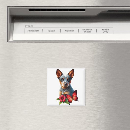 Aimant Chiot de Heeler mignon avec Papillon et Fleur (In Situ (Lave-vaisselle))