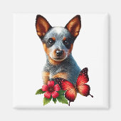 Aimant Chiot de Heeler mignon avec Papillon et Fleur (Devant)