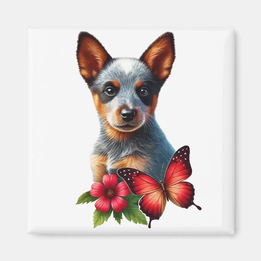 Aimant Chiot de Heeler mignon avec Papillon et Fleur (Devant)