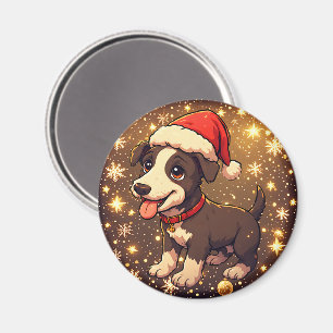 Aimant Chiot de Noël mignon et joyeux avec un chapeau de