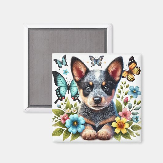 Aimant Chiot Heeler avec papillons et fleurs (Recto/Verso)