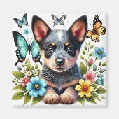 Aimant Chiot Heeler avec papillons et fleurs (Devant)