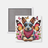 Aimant Chiot Heeler entouré de papillons et de fleurs (Recto/Verso)