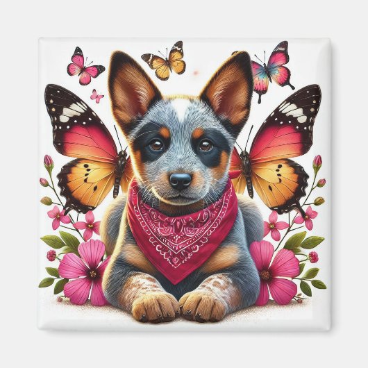 Aimant Chiot Heeler entouré de papillons et de fleurs (Devant)