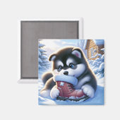 Aimant Chiot jouant avec une botte hivernale couverte de  (Recto/Verso)