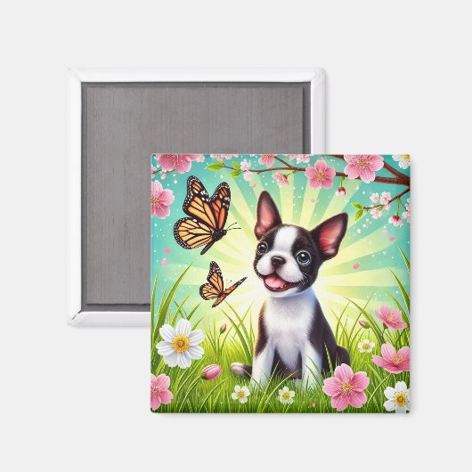Aimant Chiot mignon avec fleurs et papillons (Recto/Verso)