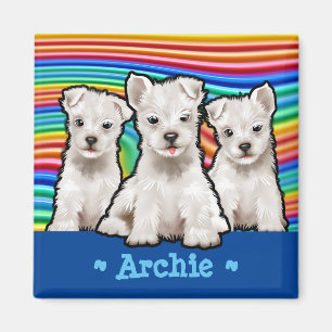 Aimant Chiots arc-en-ciel carré personnalisés.