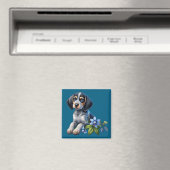 Aimant Chiots Basset Hound à tiques bleues avec des fleur (In Situ (Lave-vaisselle))