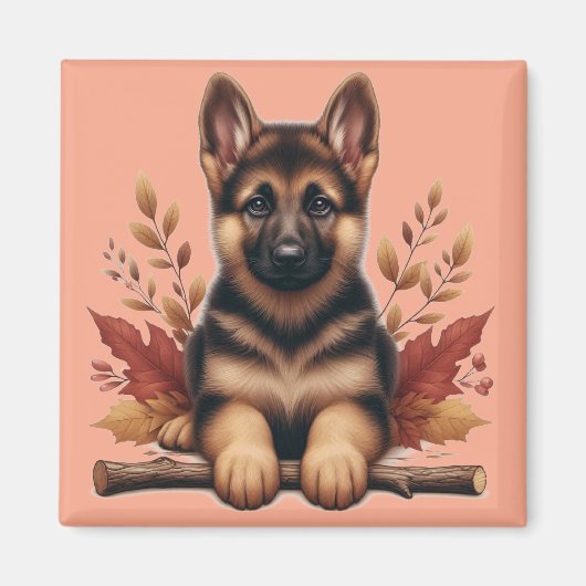 Aimant Chiots Berger Allemand Avec Feuilles D'automne (Devant)