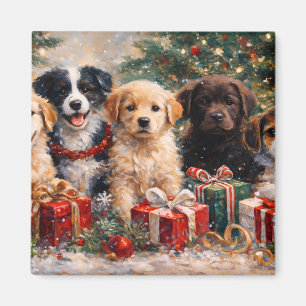 Aimant Chiots de Noël avec des cadeaux sous l'arbre décor