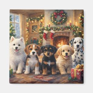 Aimant Chiots de Noël près de la cheminée et de l'arbre d
