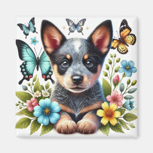Aimant Chiots Heeler avec papillons et fleurs