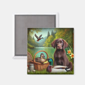 Aimant Chiots Labrador Chocolat au bord d'un lac avec des (Recto/Verso)