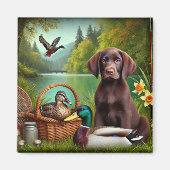 Aimant Chiots Labrador Chocolat au bord d'un lac avec des (Devant)