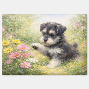Aimant Chiots Schnauzer Fleurs de Printemps