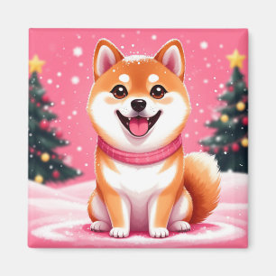 Aimant Chiots Shiba Inu Heureux Près des Arbres de Noël