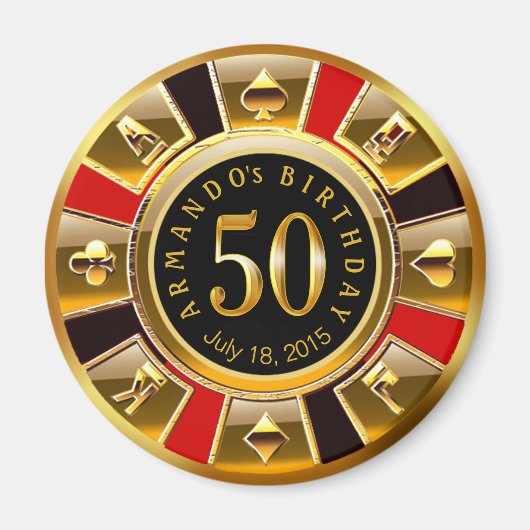 Aimant Chip Casino Vegas 50e anniversaire | or rouge noir (Devant)