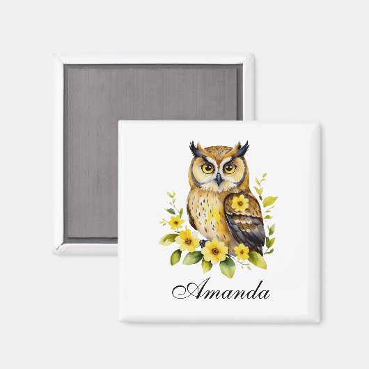 Aimant Chouette aquarelle aux fleurs jaunes (Recto/Verso)