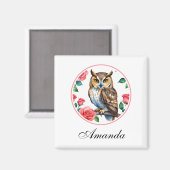 Aimant Chouette aquarelle décorative avec Rose (Recto/Verso)