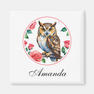 Aimant Chouette aquarelle décorative avec Rose