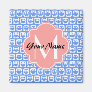 Aimant Chouette bleue Motif Corail Monogramme Nom personn