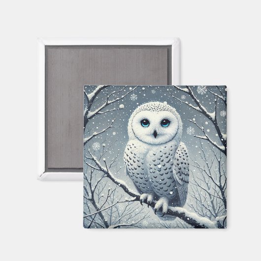Aimant Chouette des neiges perchée sur une branche de nei (Recto/Verso)