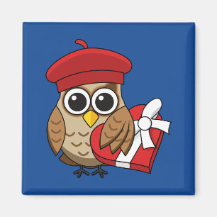 Aimant Chouette mignonne avec béret rouge et boîte cardia