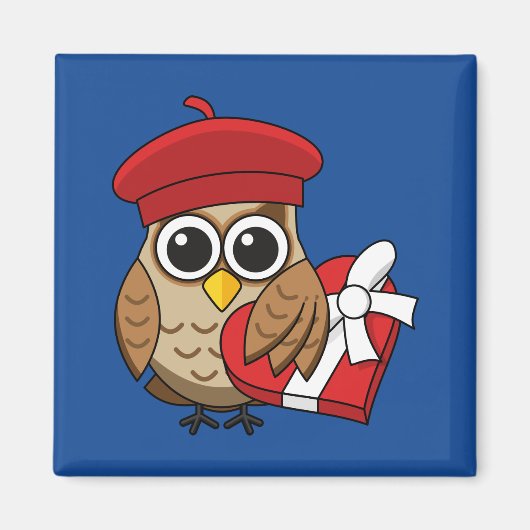 Aimant Chouette mignonne avec béret rouge et boîte cardia (Devant)