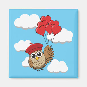 Aimant Chouette mignonne volant avec des ballons de coeur